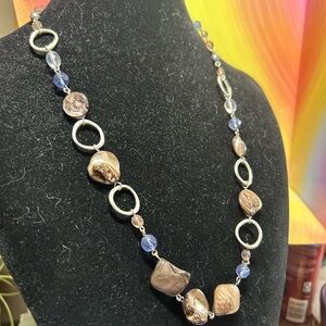Lia Sophia Silver Tone Brown Shell Blue Bead Station Necklace Adjustable